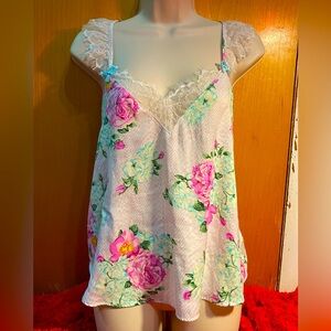 NWOT Betsey Johnson BLUE, sheer strappy back cami blouse/top,pink roses,lace,S